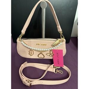 Betsey Johnson Pink Embossed Shoulder Bag Flowers NWT Charm Chain Butterfly Lips